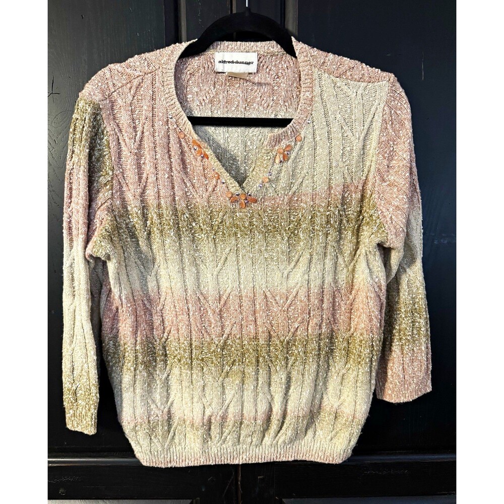 Alfred Dunner Womens Pink Beige Colorblock Beaded Cable Knit V-Neck Sweater S
